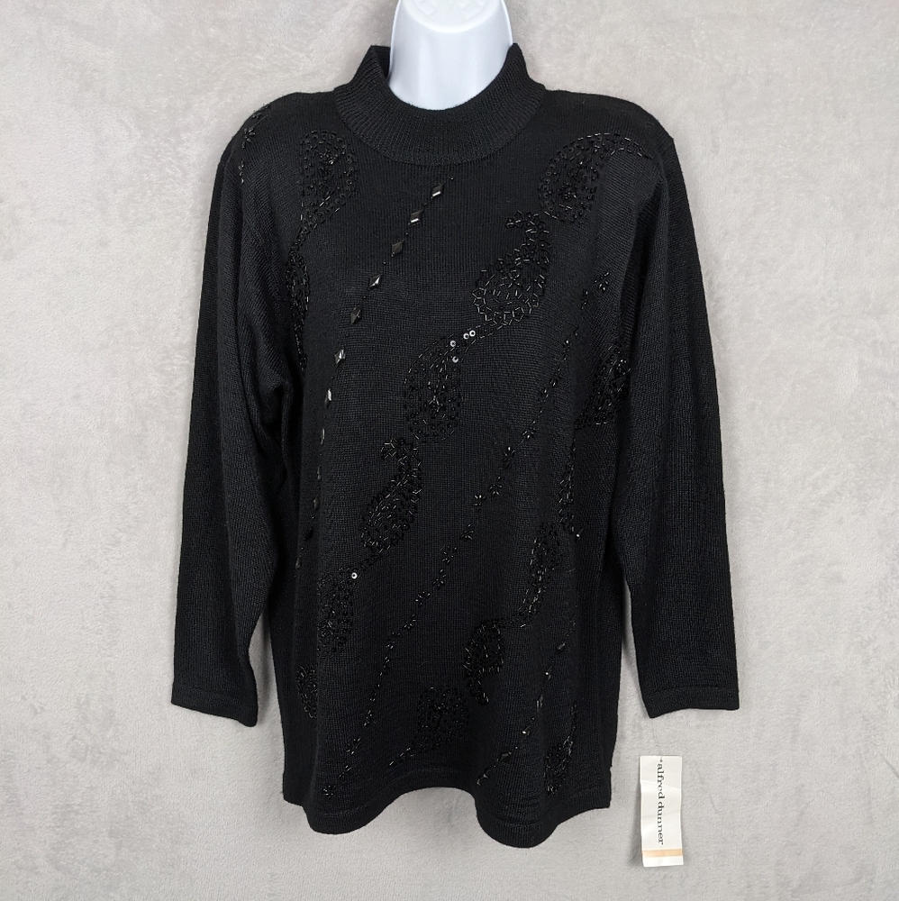 NWT Alfred Dunner Sweater Tunic Women Medium Black Knit Beaded Dressy Feminine
